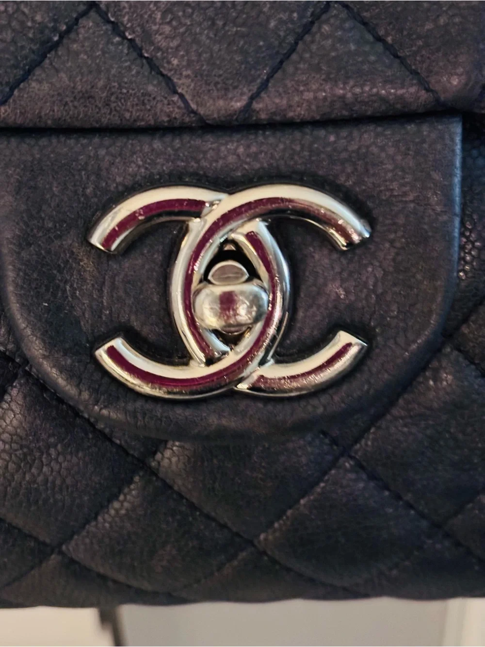 CHANEL vintage Maxi Classic Flap Navy Caviar Leather w/ Silver Hardware